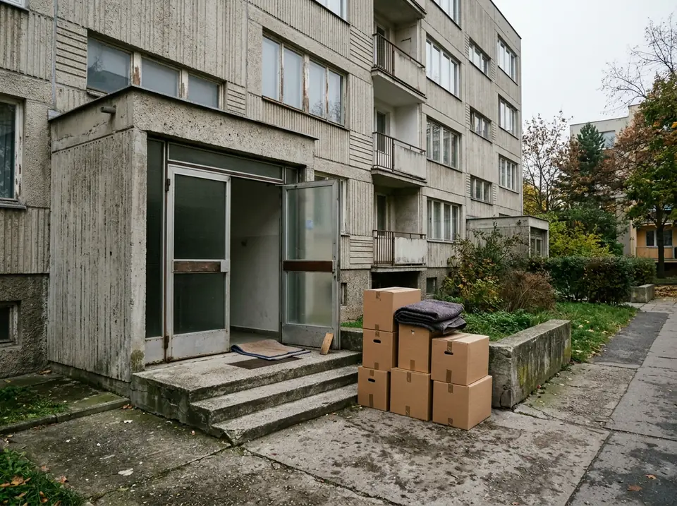 Panelház bejárata nyitott ajtóval, a járdán feliratozott kartondobozok