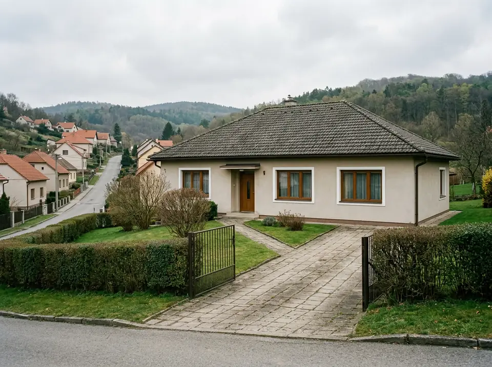 Családi ház lejtős kocsibeállója és kertkapuhoz vezető járda